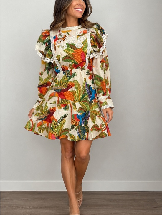 FARM Rio Dresses & Skirts - FARM Rio Cream Mini Dress with Tropical Parrot Print